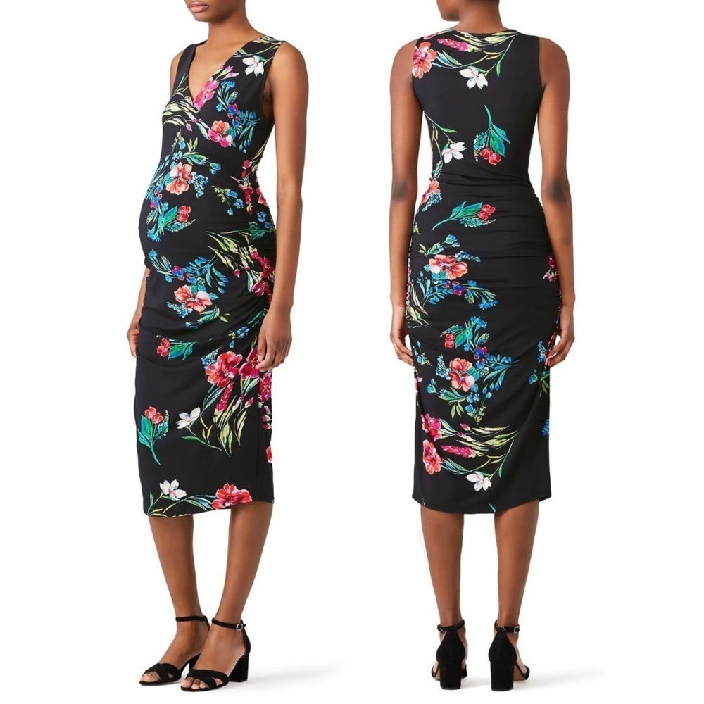 Anthropologie Maternity Tropical Floral Ruched V-Neck Sleeveless Midi Dress - S